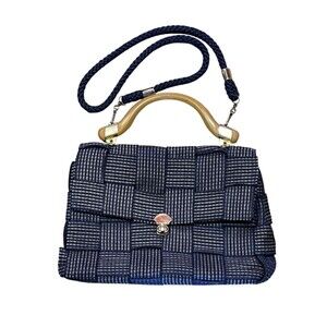 Navy Woven Shoulder Fabric Bag Italian Turn Lock Coastal Euro Classic Vintage